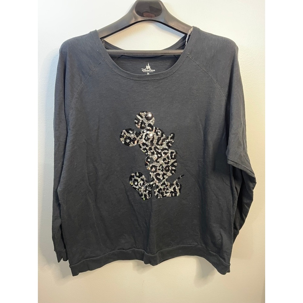 Disney Parks Mickey Mouse Sequin Leopard Print Sweatshirt Charcoal Grey 3X